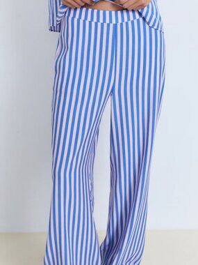MANGO Blue and Pink Elastic Waist Stripe Straight Pants - Size Small - NEW w TAG